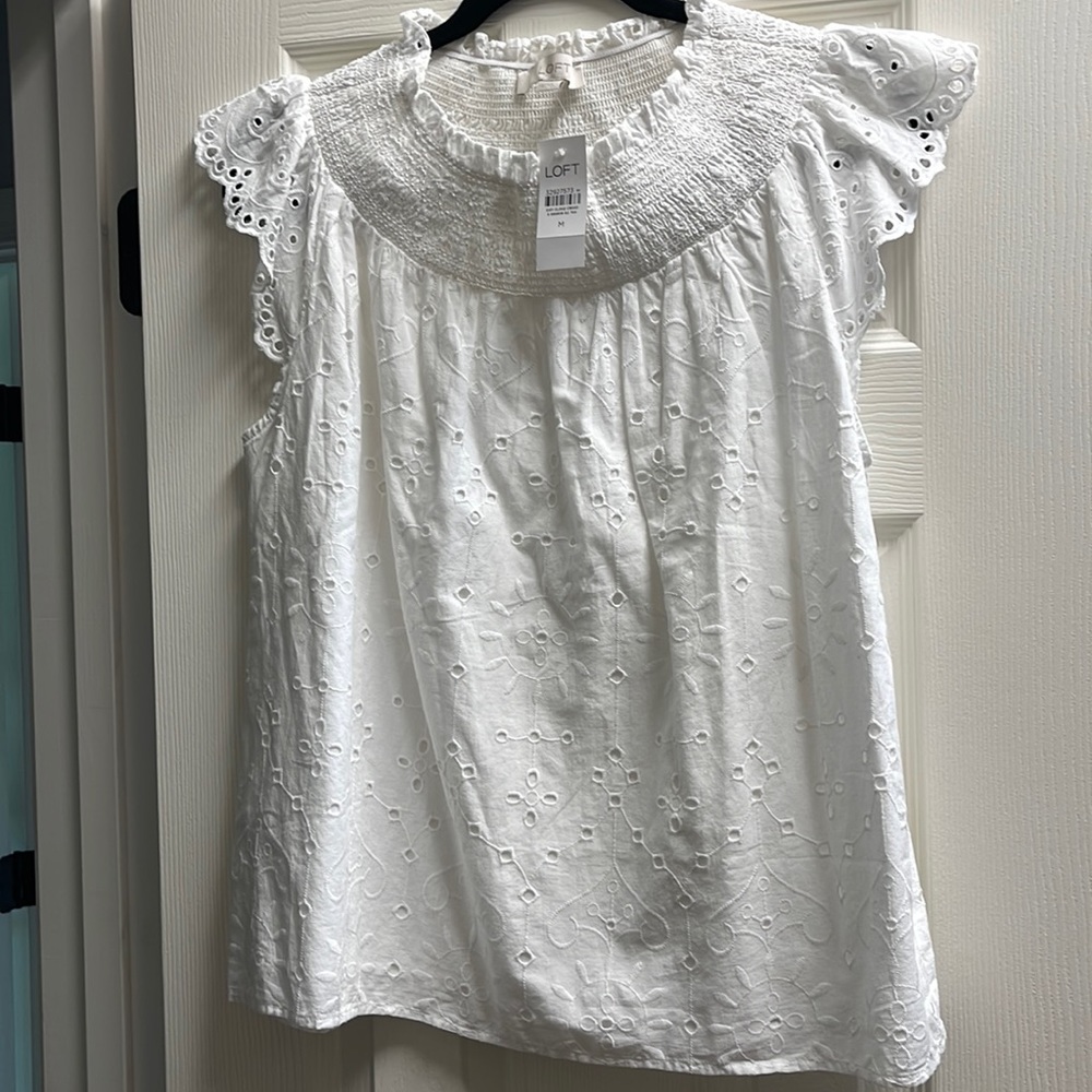 NWT Loft white eyelet smocked top